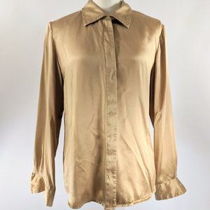 100% Silk. Anna and Frank, SIZE M,Tan/Gold button down shirt